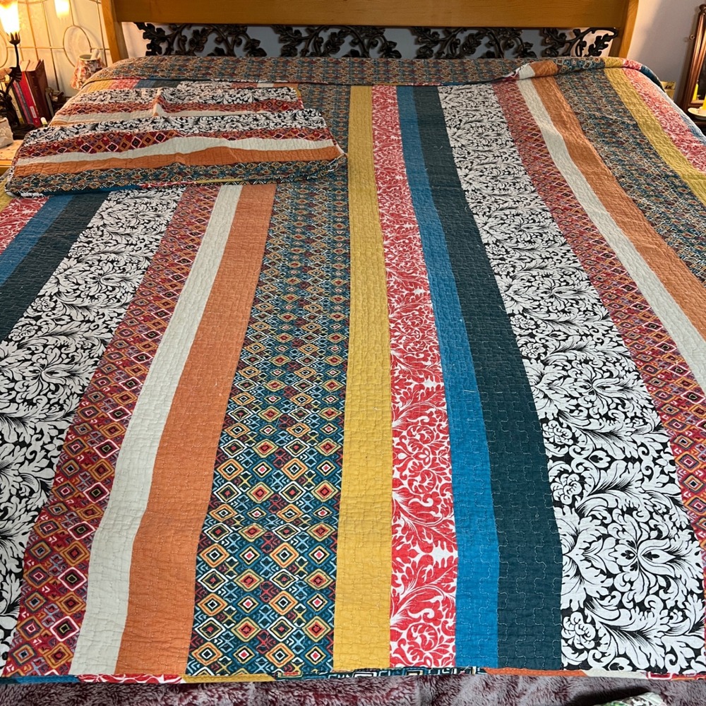 Lush Decor King Quilt Set Bohemian Stripe Reversible 3pc 100 % Cotton Bedding